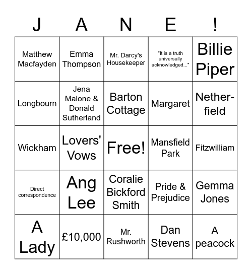 Jane Austen Trivia Bingo Card