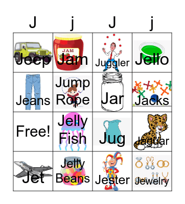 Letter J Bingo Card