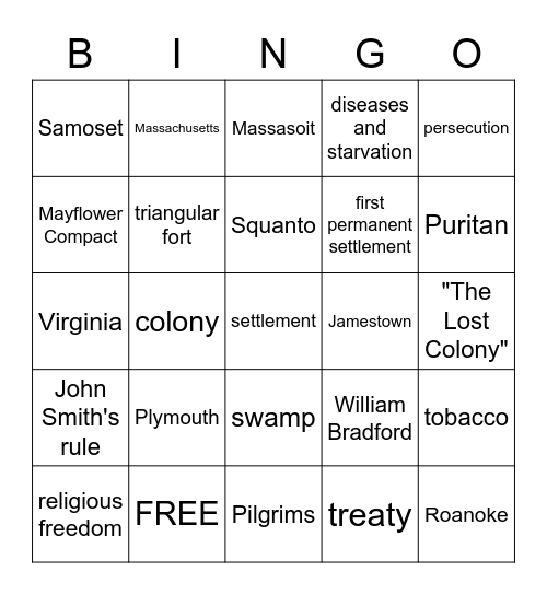 Early Colonies Bingo Card