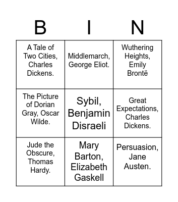 19th Century Literature Bingo Card