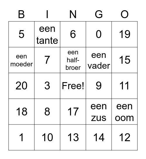 cijfers 0 t/m 20 Bingo Card