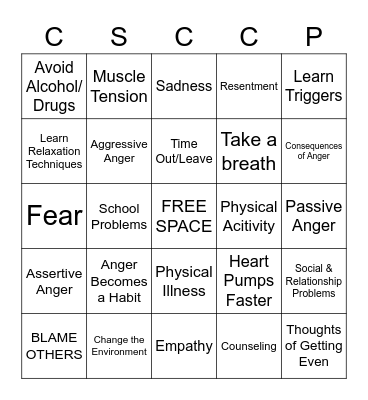 Anger Bingo Card