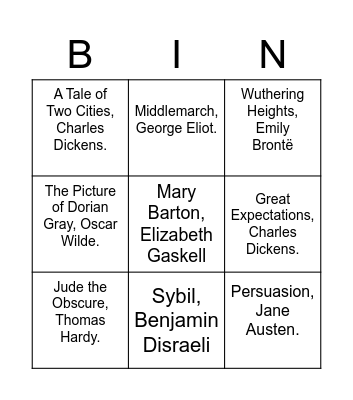 19th Century Literature Bingo Card