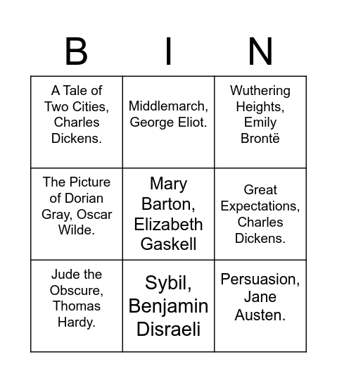 19th Century Literature Bingo Card