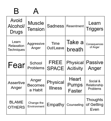 Anger Bingo Card