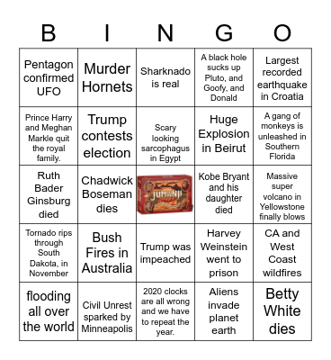 Jumanji and 2020 Catastrophes Bingo Card