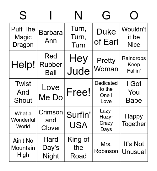 60's Songs Singo Bingo Card