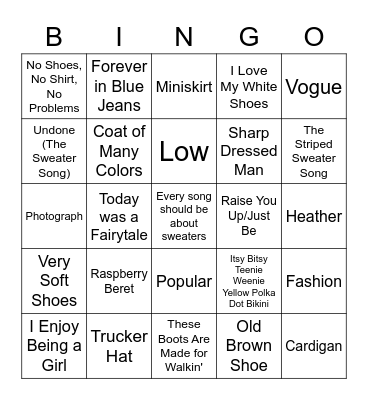 Songs that may or may not be about clothes Bingo Card