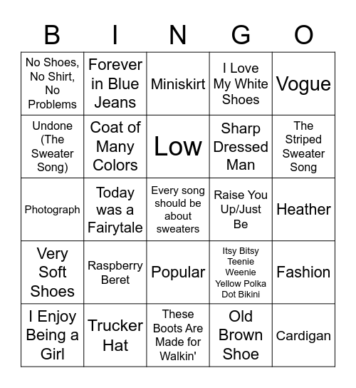Songs that may or may not be about clothes Bingo Card