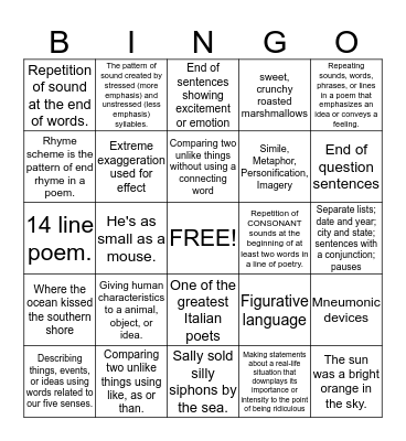 English 4 Poetry & Punctuation Bingo Card