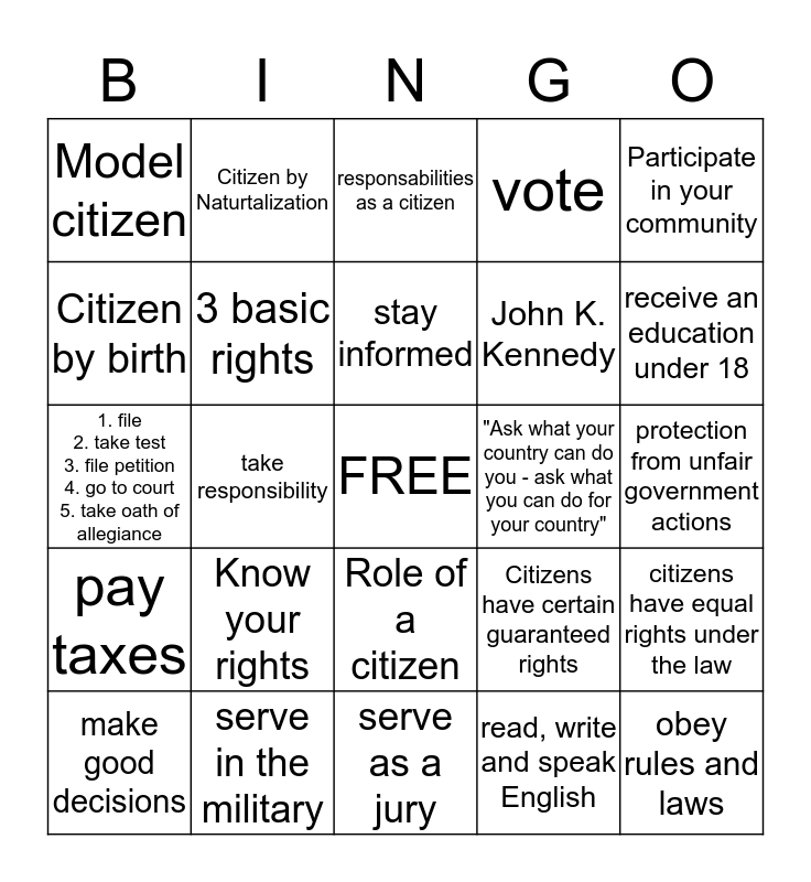 Government - 13 Vocabulary Word Bingo Card