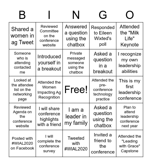 2020 WIA Leadership Conference BINGO Card