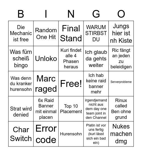 raid bingo pog Bingo Card