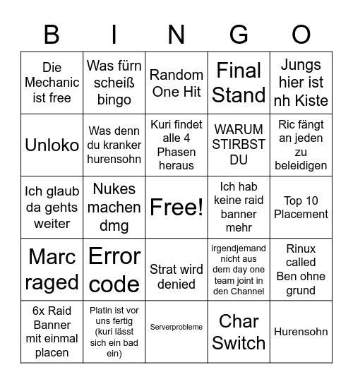 raid bingo pog Bingo Card