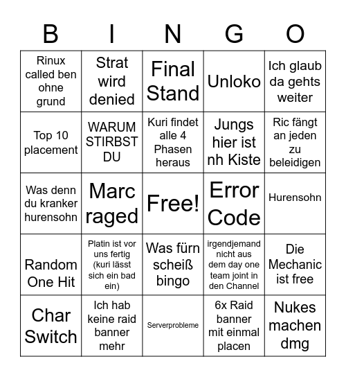 raid bingo pog Bingo Card