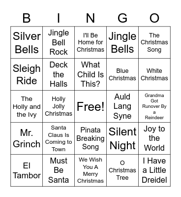 Holiday Song Bingo Card