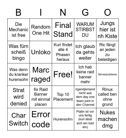 raid bingo pog Bingo Card