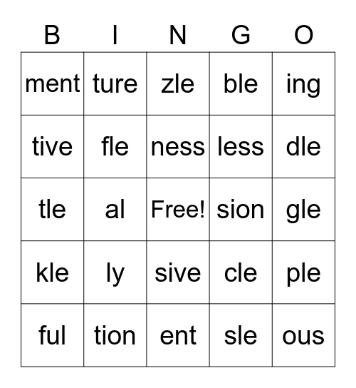 suffixes Bingo Card