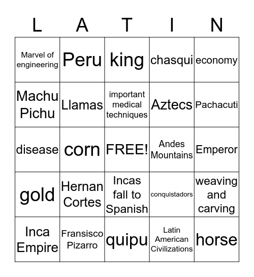 Latin American History INCAS Bingo Card