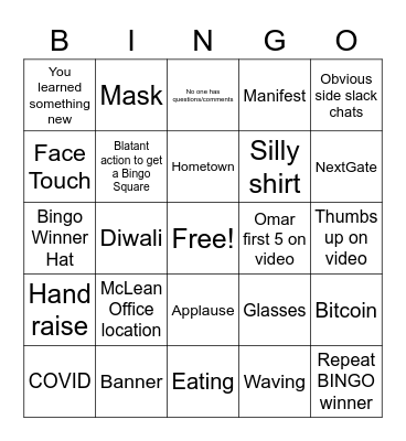 Verato Town Hall Nov. 18, 2020 Bingo Card