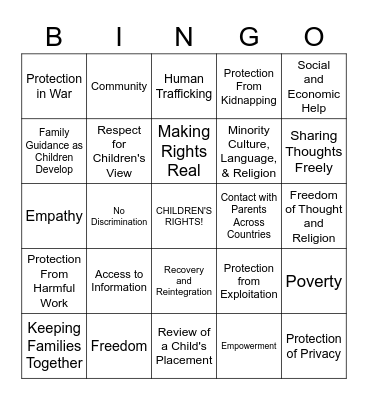 UNICEF Children's Rights Bingo Card