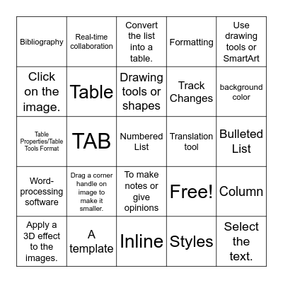 MS Word Reivew Bingo Card