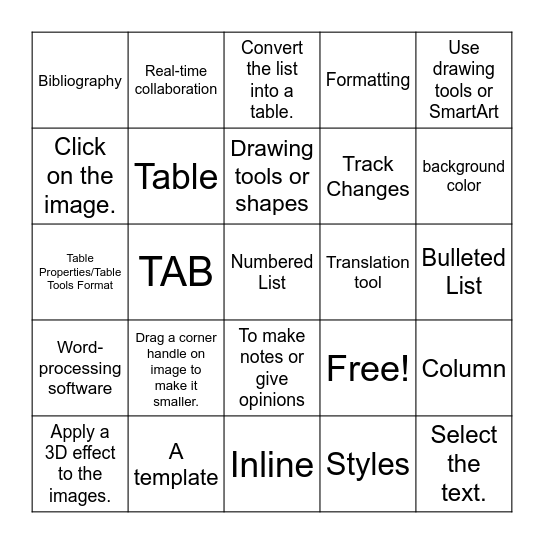 MS Word Reivew Bingo Card