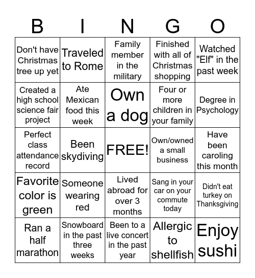 Dashing and Dancing Bingo Card