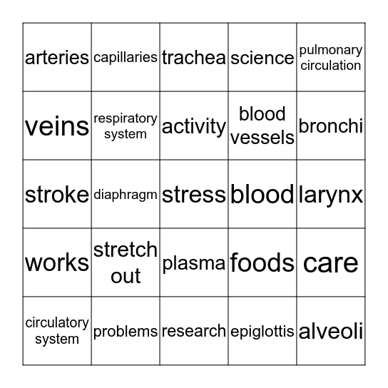 YOUR BODY SYSTEMS Bingo Card