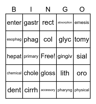 Digestive System Terms Bingo Card