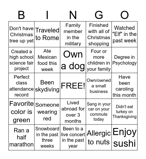 Dashing and Dancing Bingo Card