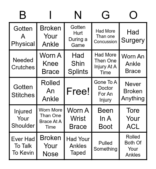 Injury Bingo Card
