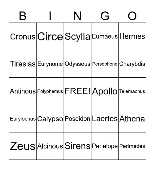 Greek Characters Bingo Card