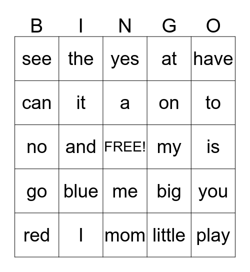 Sight word Bingo Card
