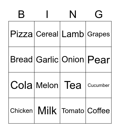 Food Bingo Card