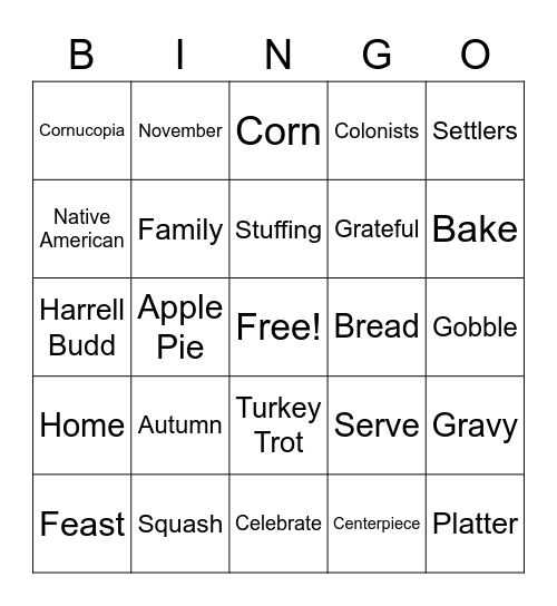 Turkey Talk Bingo Card