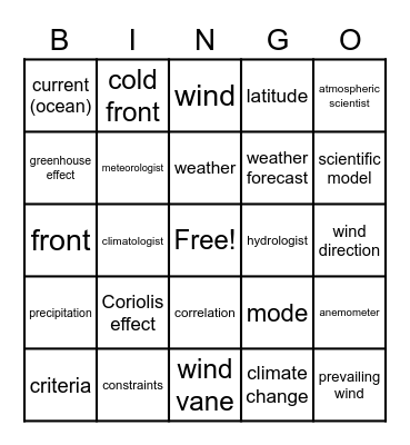 Weather and Climate Key Vocabulary Bingo Card