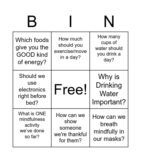 Health and Wellness Bingo! Bingo Card