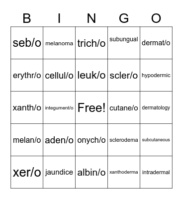 Integumentary System Bingo Card