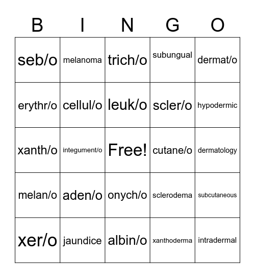 Integumentary System Bingo Card