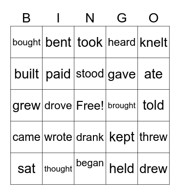 Irregular Verbs Bingo Card
