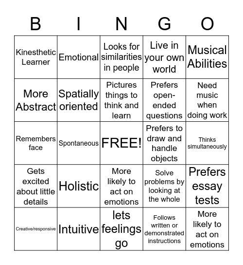 Right Brain Characteristics Bingo Card