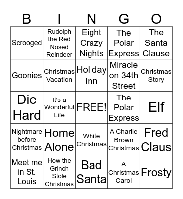 Holiday Movies Bingo Card