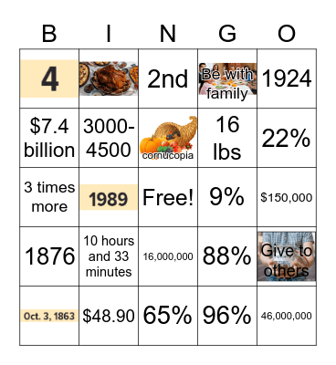 Thanksgiving By the Numbers Bingo Card