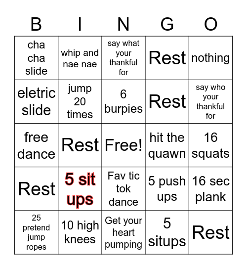 P.E Bingo Card