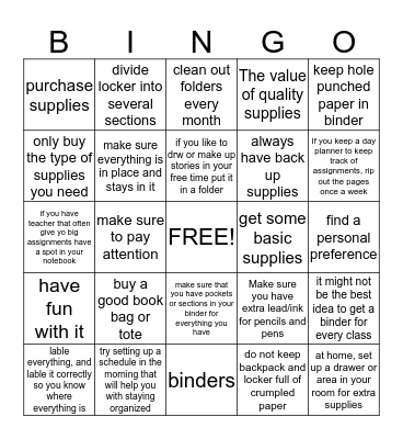 study skills bingo card Bingo Card