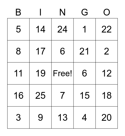 Number Bingo Card