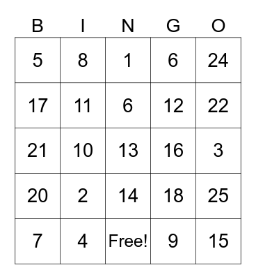 Number Bingo Card