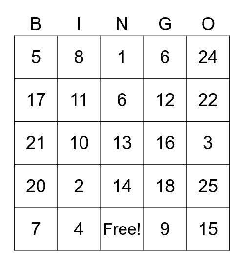 Number Bingo Card