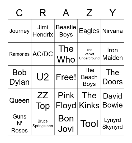 Rock Bands Bingo Card